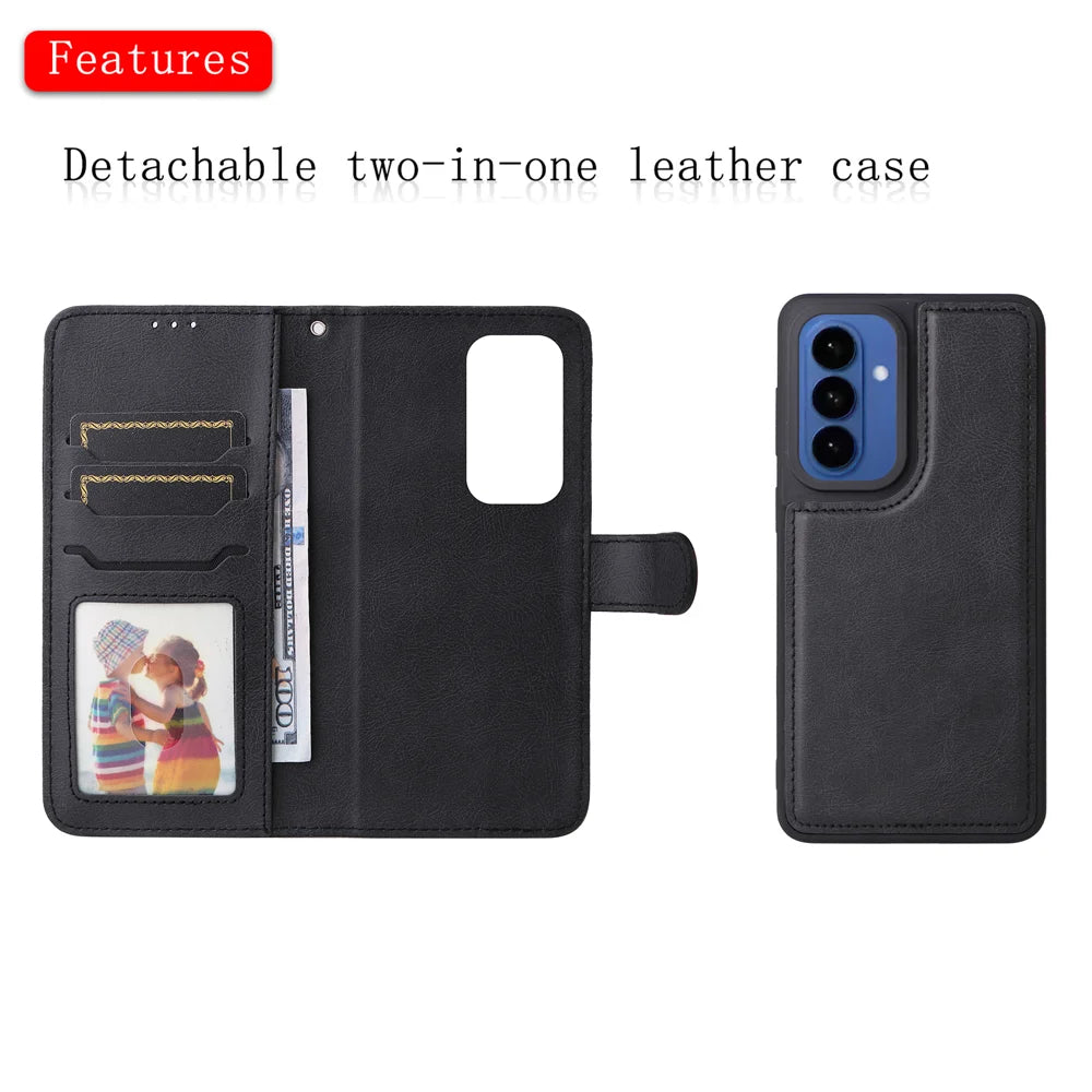 For Samsung Galaxy S26+ Case 2 in 1 Detachable Magnetic Leather Wallet Mobile Cover with Strap - Black - 6