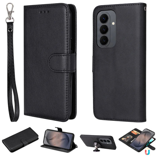 For Samsung Galaxy S26 Case 2 in 1 Detachable Magnetic Leather Wallet Mobile Cover with Strap - Black - 1