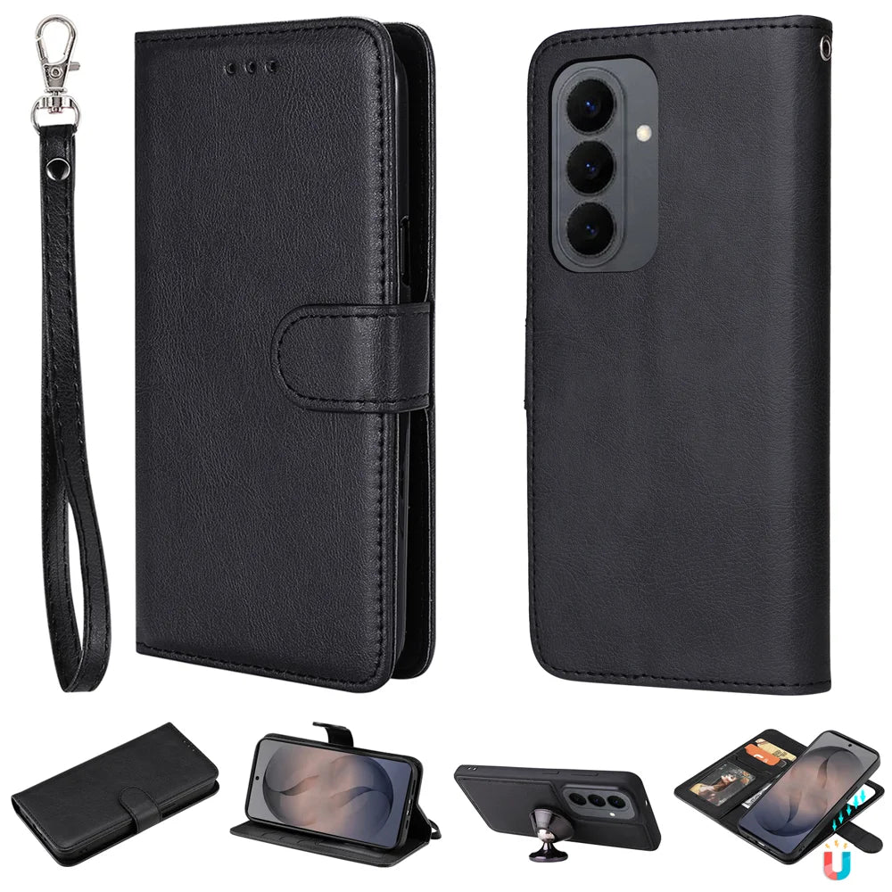 For Samsung Galaxy S26 Case 2 in 1 Detachable Magnetic Leather Wallet Mobile Cover with Strap - Black - 1