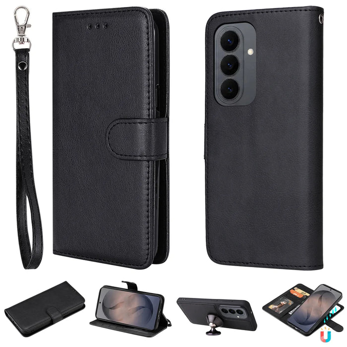 For Samsung Galaxy S26 Case 2 in 1 Detachable Magnetic Leather Wallet Mobile Cover with Strap - Black - 1