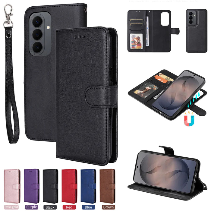 For Samsung Galaxy S26 Case 2 in 1 Detachable Magnetic Leather Wallet Mobile Cover with Strap - Black - 4