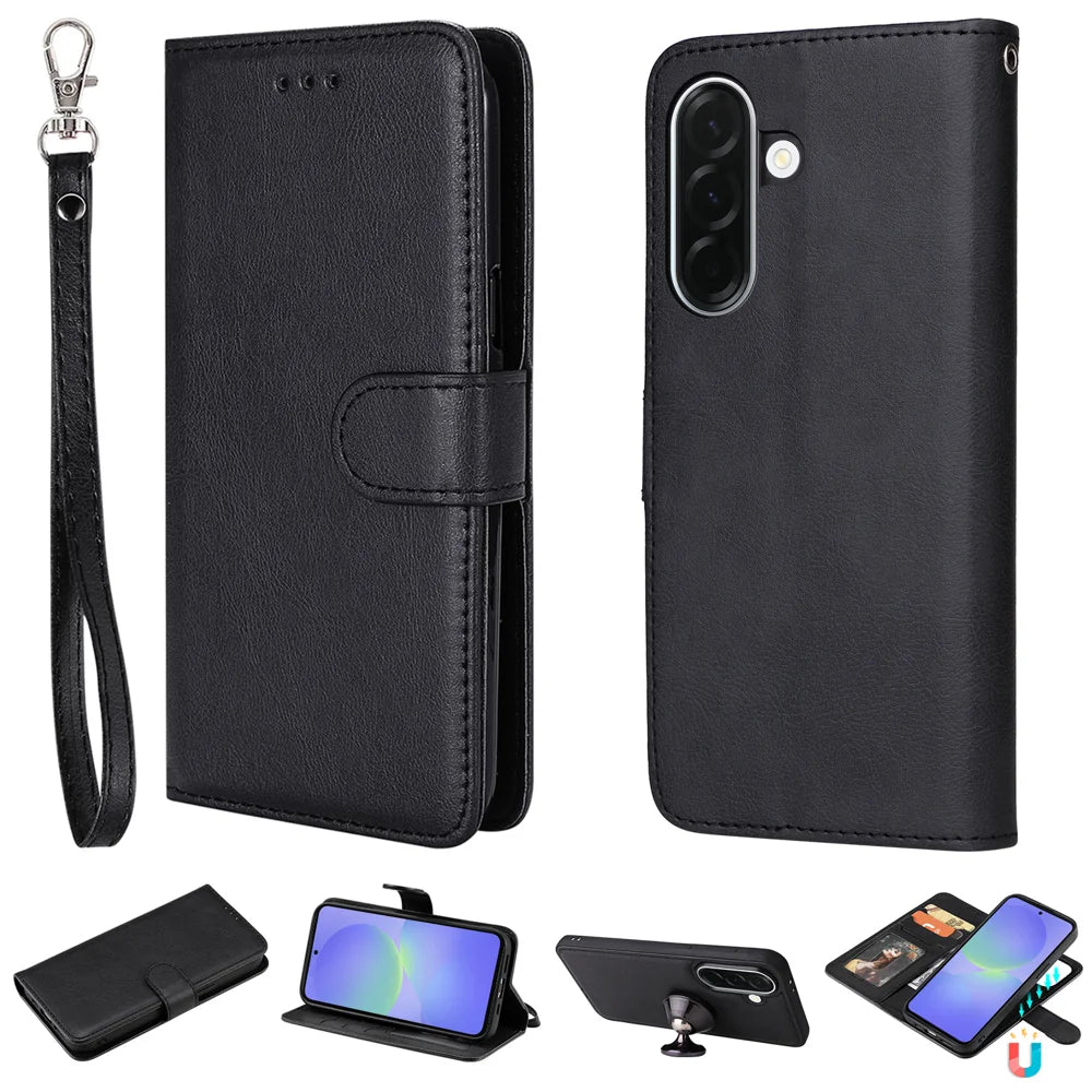 For Samsung Galaxy A37 5G Case 2 in 1 Detachable Magnetic Leather Wallet Mobile Cover with Strap - Black - 1