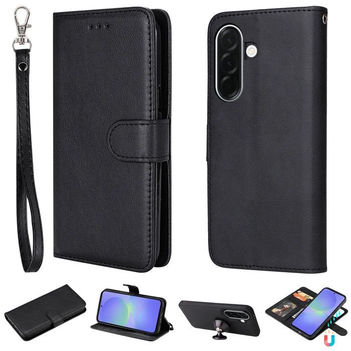 For Samsung Galaxy A37 5G Case 2 in 1 Detachable Magnetic Leather Wallet Mobile Cover with Strap - Black - 1