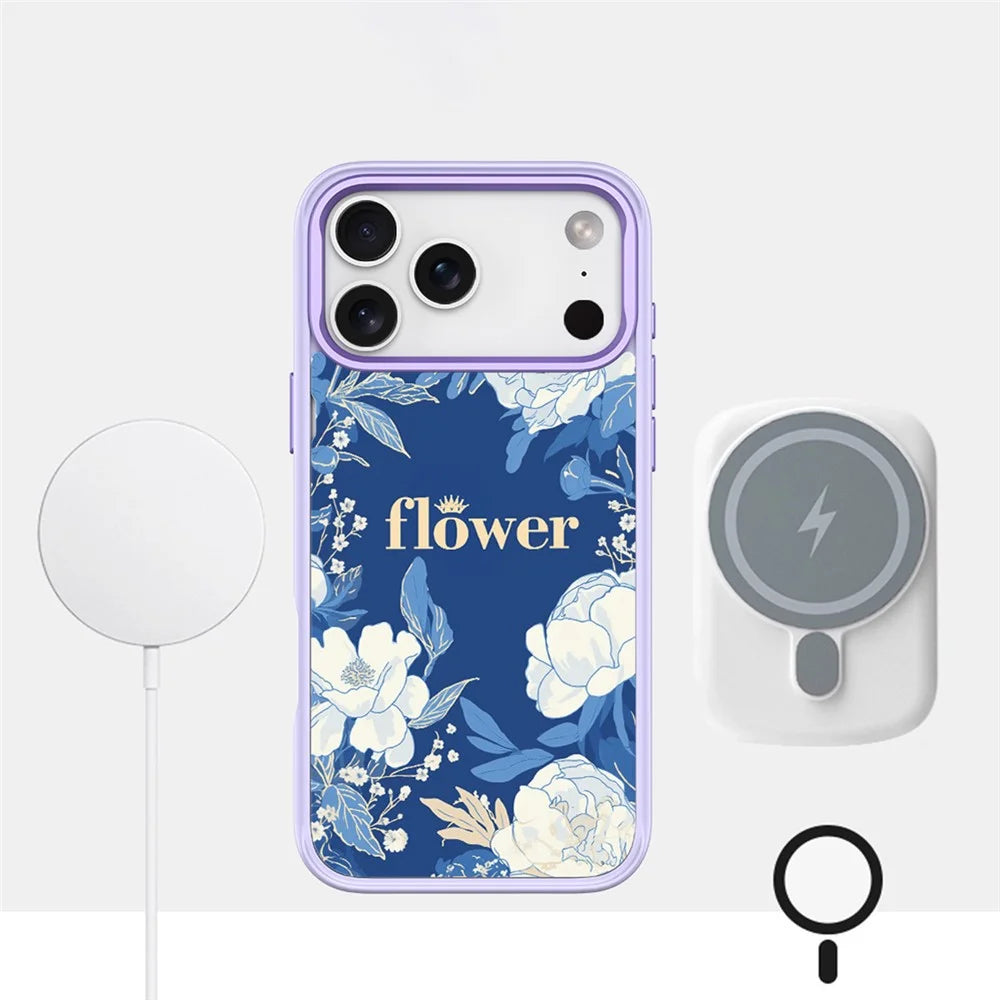 For iPhone 17 Pro Max Magnetic Case TPU PC Phone Cover with Detachable White Flowers Backplate - Purple - 3