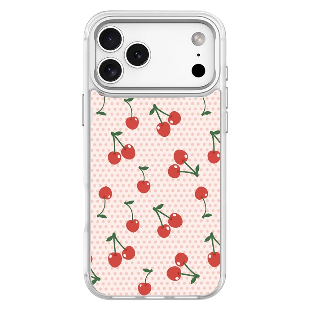 For iPhone 17 Pro Magnetic Case TPU PC Phone Cover with Detachable Polka Dots Cherries Backplate - White - 1