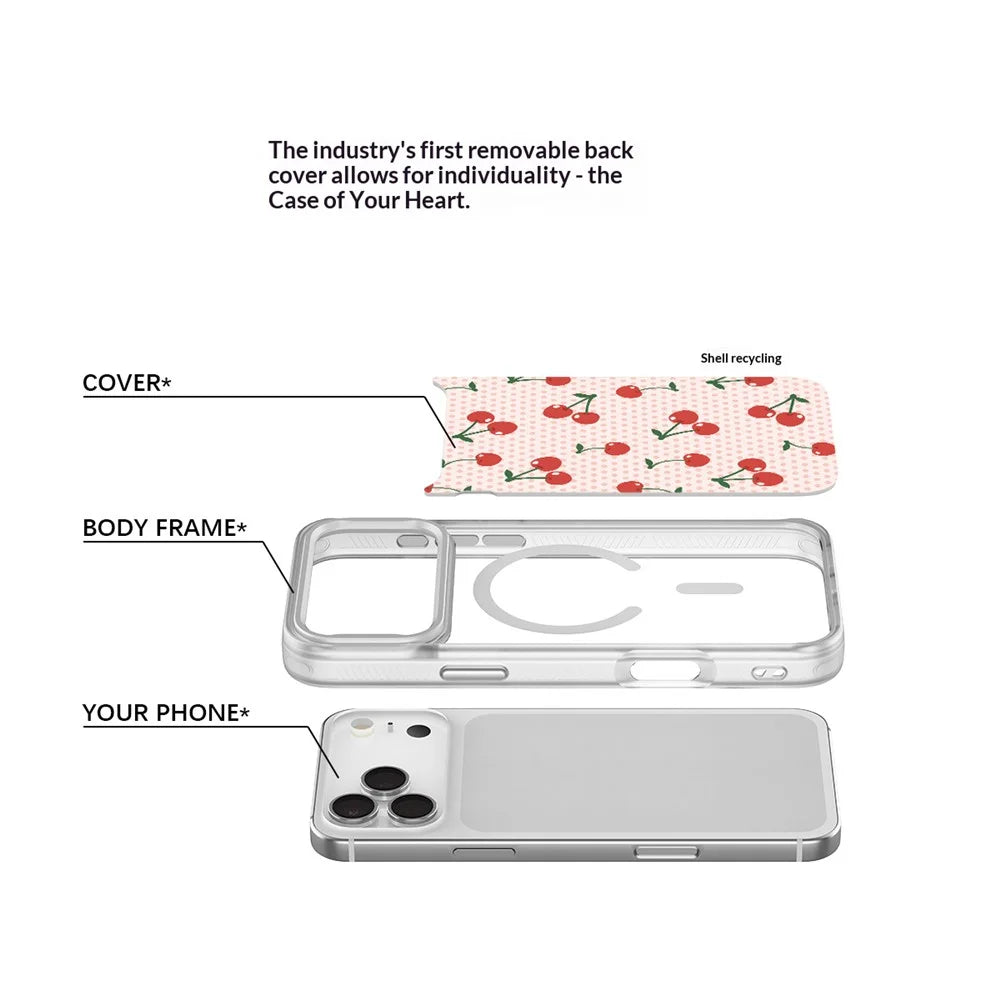 For iPhone 17 Pro Max Magnetic Case TPU PC Phone Cover with Detachable Polka Dots Cherries Backplate - White - 4