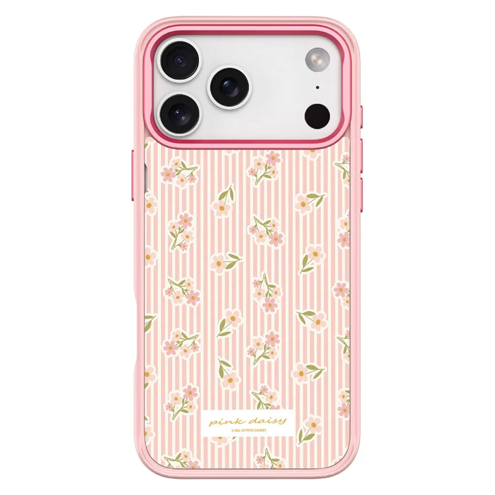 For iPhone 17 Pro Magnetic Case TPU PC Phone Cover with Detachable Vertical Striped Small Floral Backplate - Pink - 1