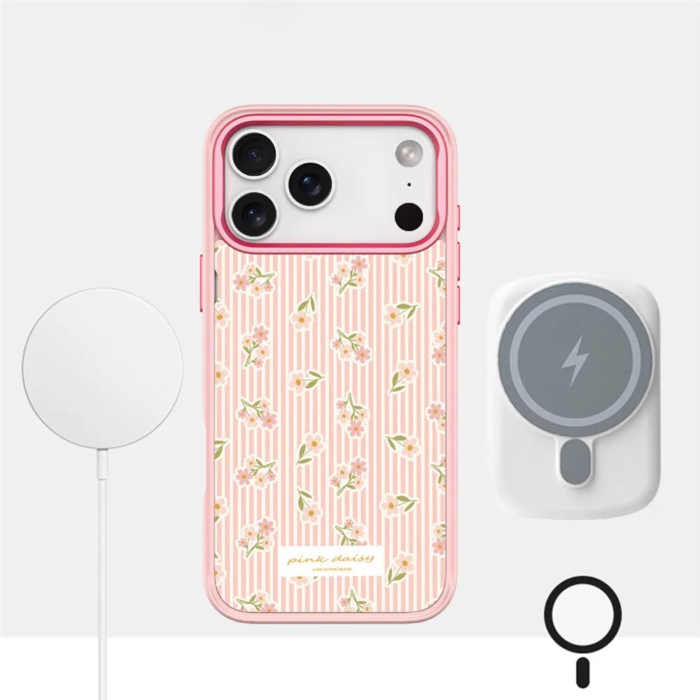 For iPhone 17 Pro Max Magnetic Case TPU PC Phone Cover with Detachable Vertical Striped Small Floral Backplate - Pink - 3