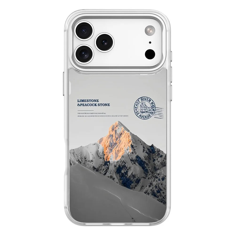 For iPhone 17 Pro Max Magnetic Case TPU PC Phone Cover with Detachable Snowy Mountain Backplate - White - 1