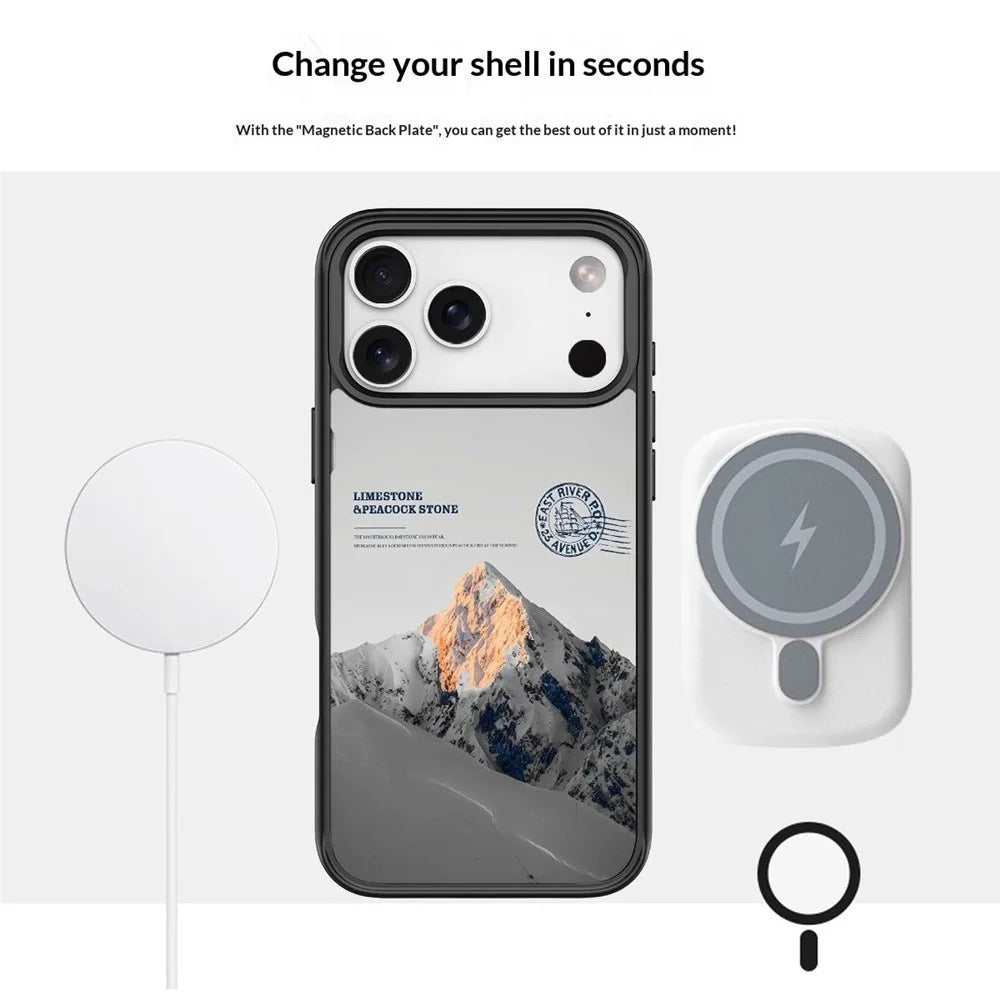 For iPhone 17 Pro Max Magnetic Case TPU PC Phone Cover with Detachable Snowy Mountain Backplate - White - 4