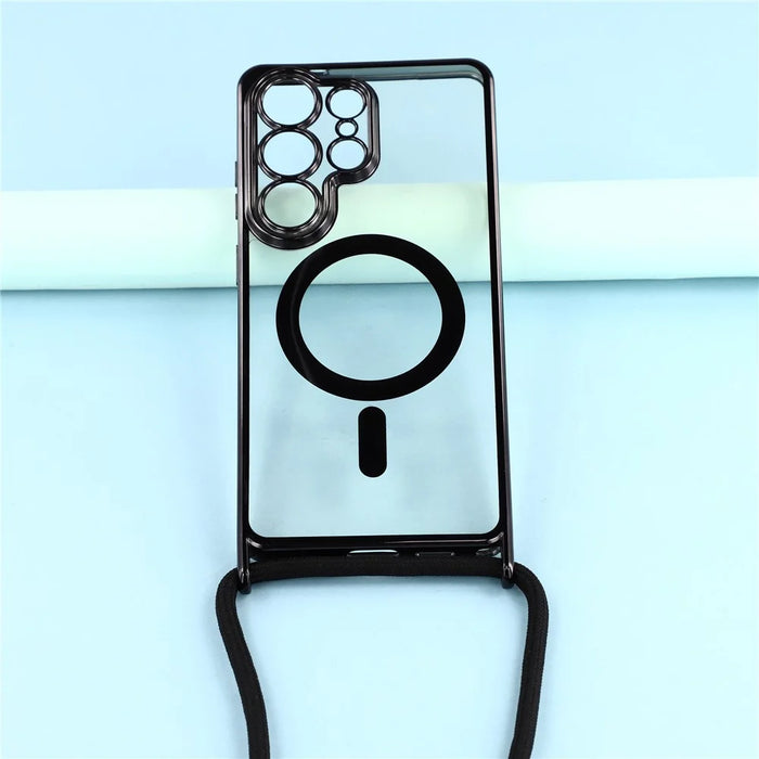 For Samsung Galaxy S26 Ultra Magnetic Case Electroplating Edge TPU Phone Cover with Shoulder Strap - Black - 5