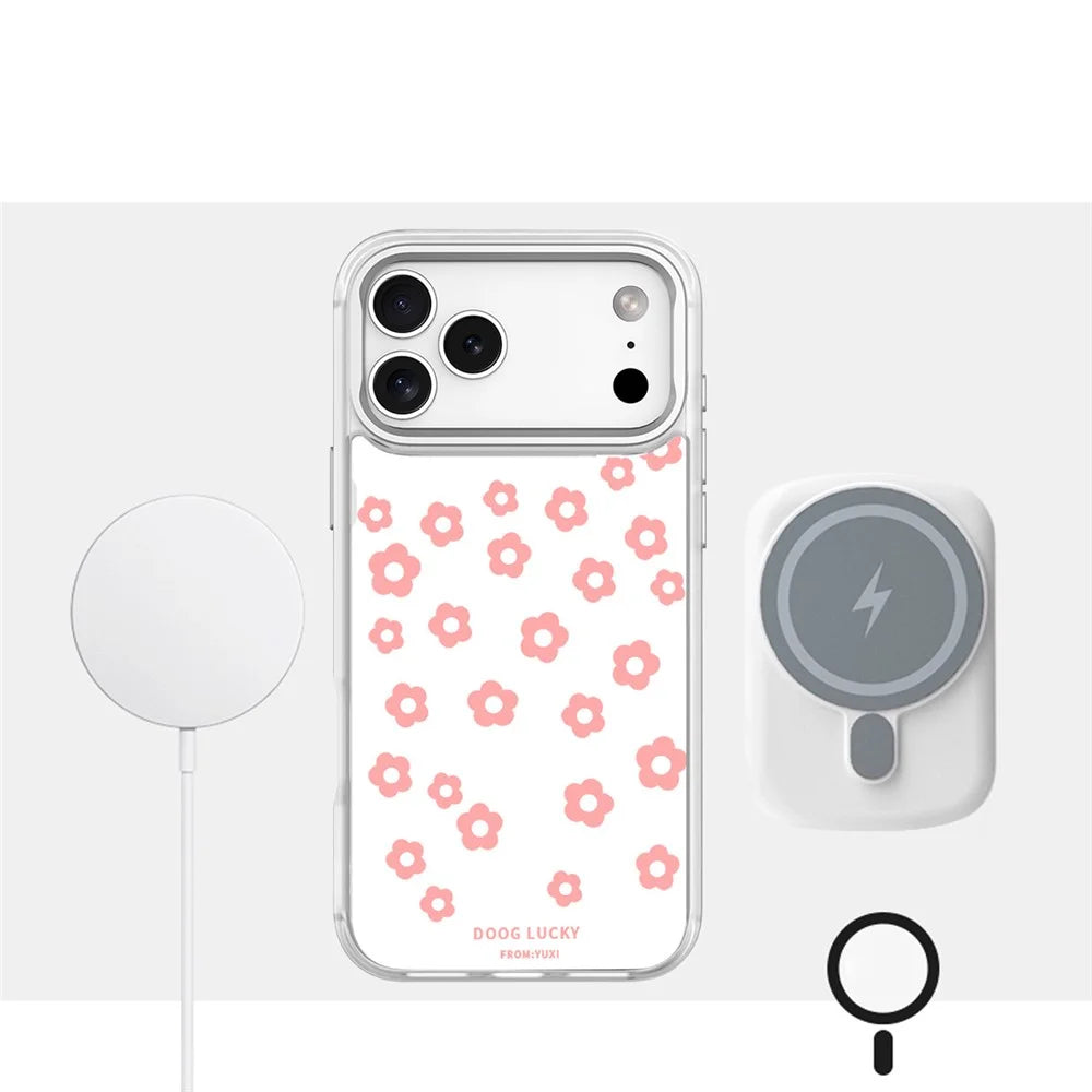 For iPhone 17 Pro Max Magnetic Case TPU PC Phone Cover with Detachable Laser Floral Backplate - White - 5