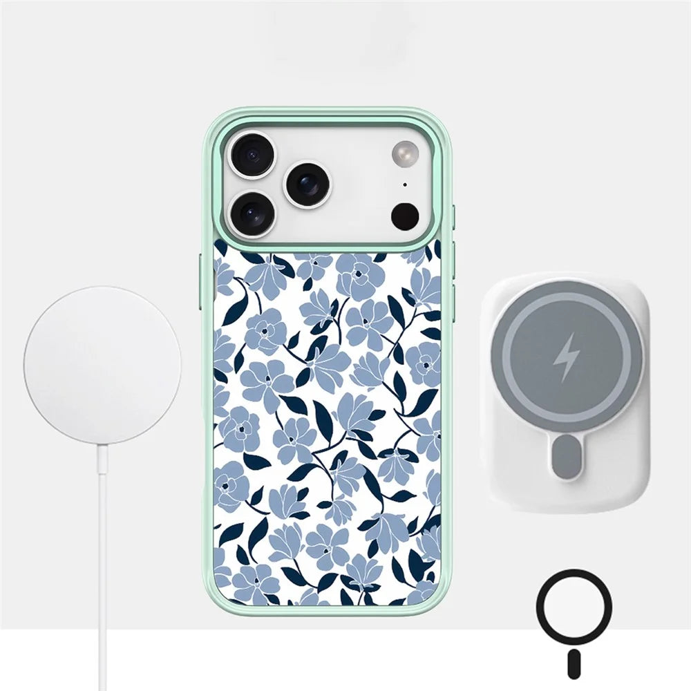 For iPhone 17 Pro Max Magnetic Case TPU PC Phone Cover with Detachable Blue and Black Flower Backplate - Green - 3