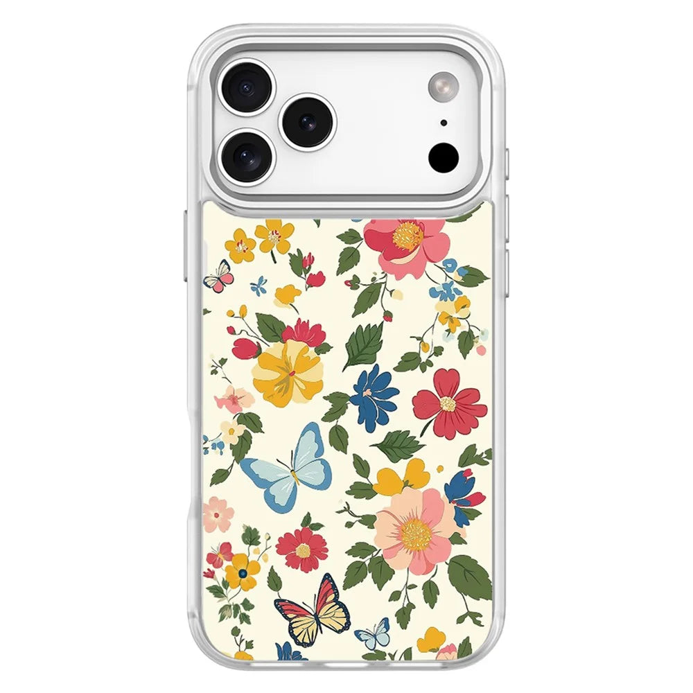 For iPhone 17 Pro Max Magnetic Case TPU PC Phone Cover with Detachable Butterfly Bow Flower Bushes Pattern Backplate - White - 1