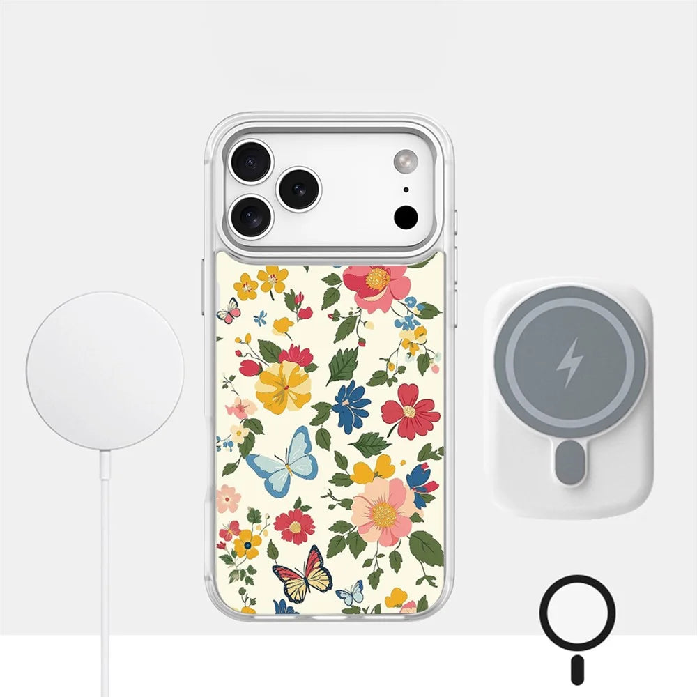 For iPhone 17 Pro Max Magnetic Case TPU PC Phone Cover with Detachable Butterfly Bow Flower Bushes Pattern Backplate - White - 3