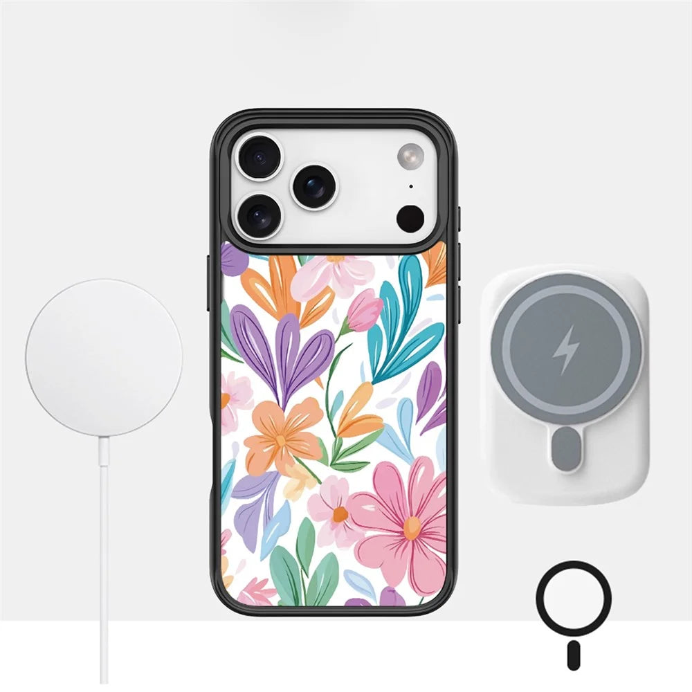 For iPhone 17 Pro Max Magnetic Case TPU PC Phone Cover with Detachable Bright Flower Pattern Backplate - Black - 3