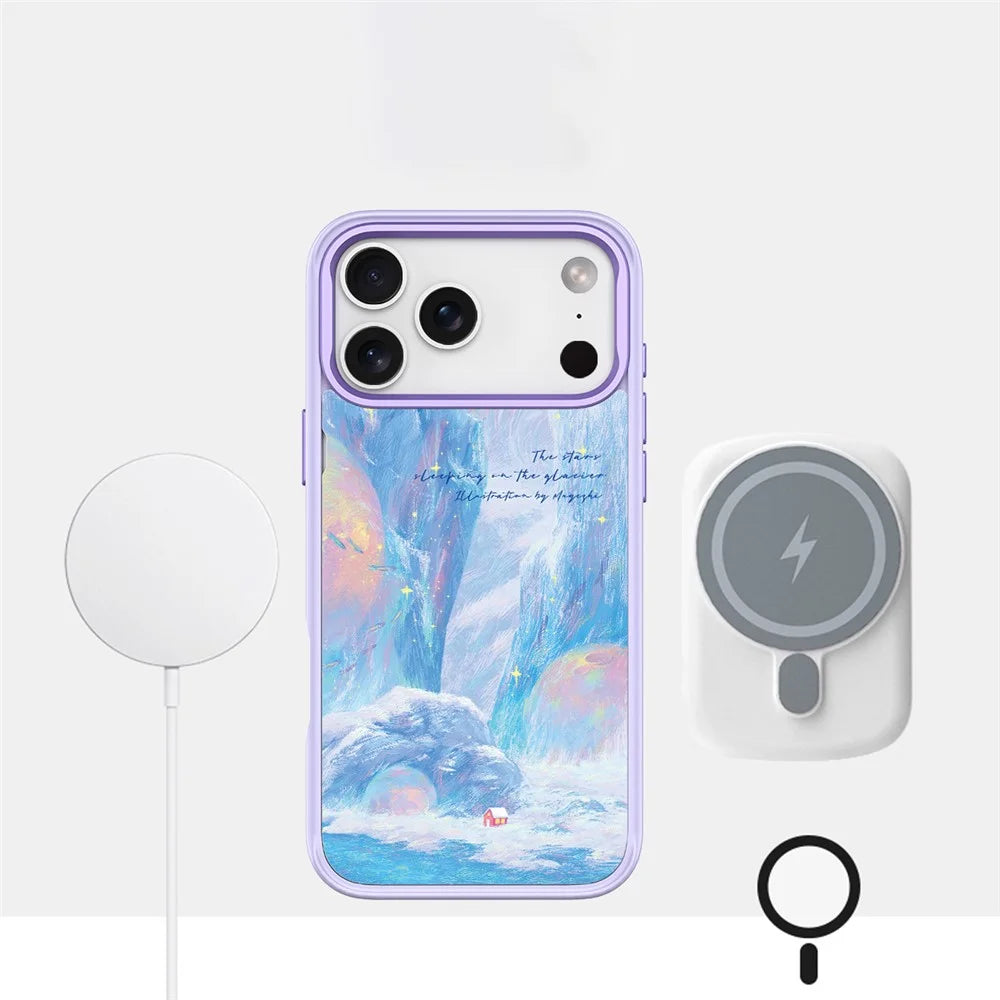 For iPhone 17 Pro Magnetic Case TPU PC Phone Cover with Detachable Glacier Red House Pattern Backplate - White - 3