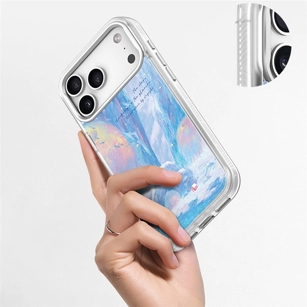For iPhone 17 Pro Magnetic Case TPU PC Phone Cover with Detachable Glacier Red House Pattern Backplate - White - 4