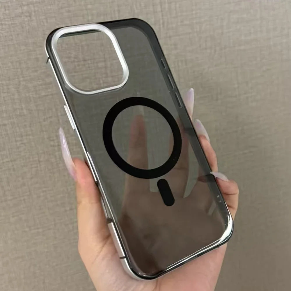 For iPhone 16 Pro Magnetic Case Aluminum Alloy TPU PC Translucent Skin-Touch IMD Phone Cover Compatible with MagSafe - Grey - 6