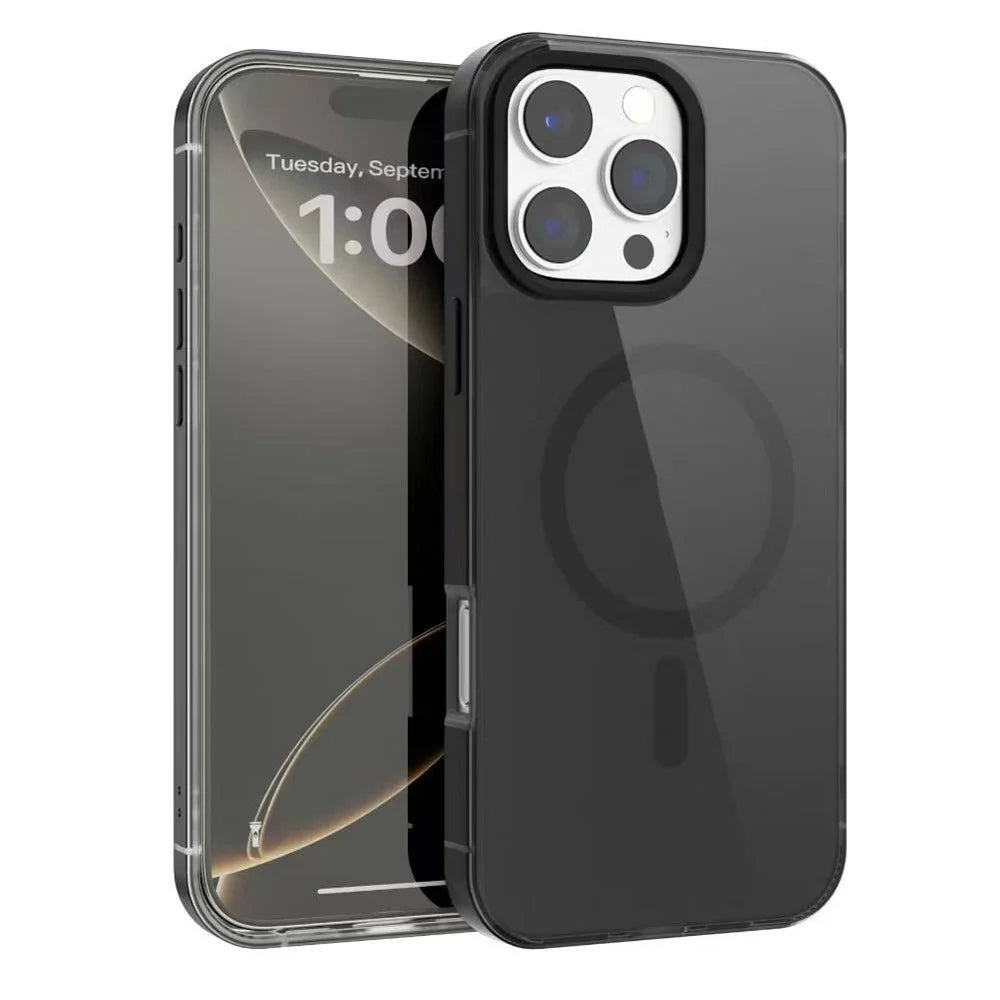 For iPhone 16 Pro Max Magnetic Case Aluminum Alloy TPU PC Translucent Skin-Touch IMD Phone Cover Compatible with MagSafe - Black - 1