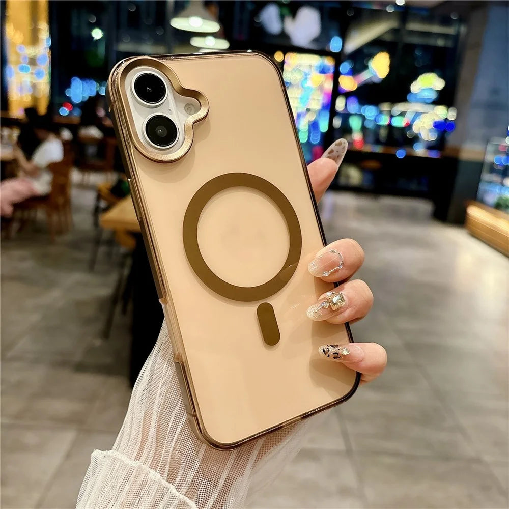 For iPhone 17 Magnetic Case Aluminum Alloy TPU PC Translucent Skin-Touch IMD Phone Cover Compatible with MagSafe - Gold - 2