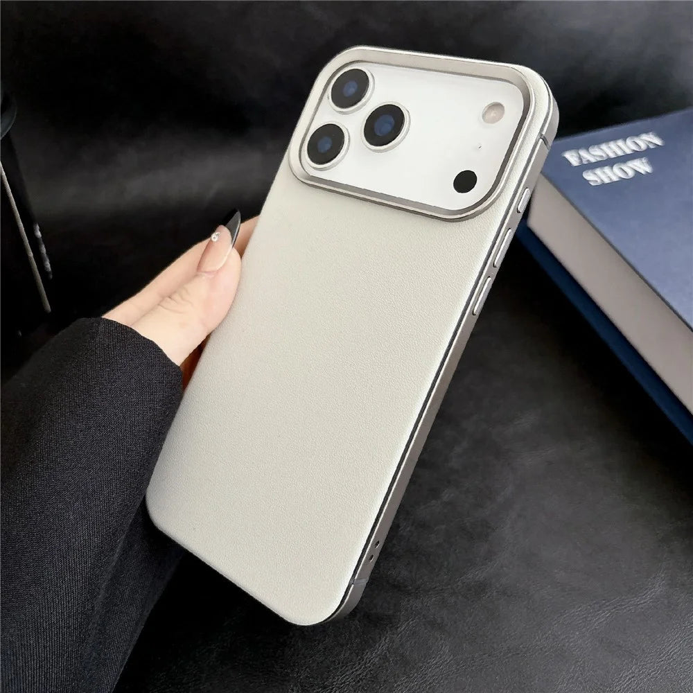 For iPhone 17 Pro Max Magnetic Case Aluminum Alloy PU Leather TPU Phone Cover Compatible with MagSafe - Grey - 2