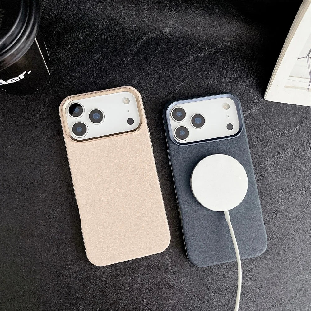 For iPhone 17 Pro Max Magnetic Case Aluminum Alloy PU Leather TPU Phone Cover Compatible with MagSafe - Grey - 3