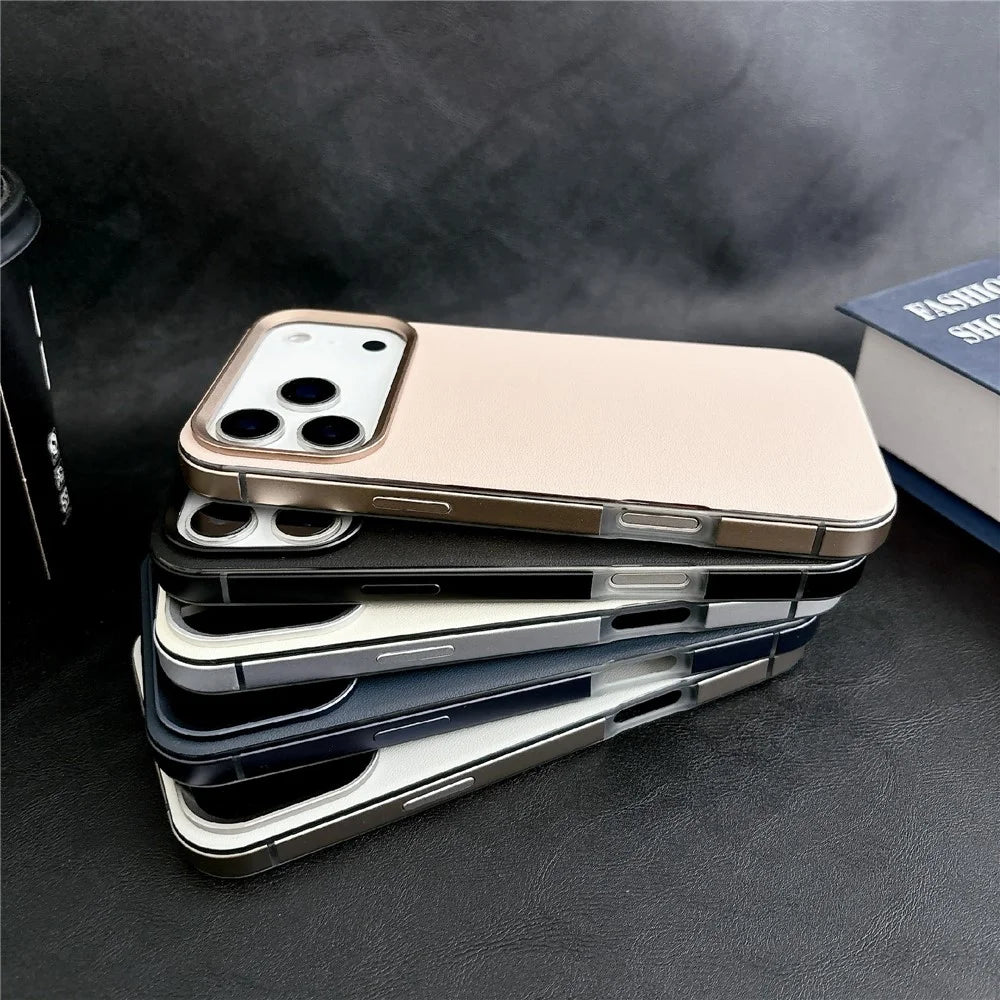 For iPhone 17 Pro Max Magnetic Case Aluminum Alloy PU Leather TPU Phone Cover Compatible with MagSafe - Grey - 5