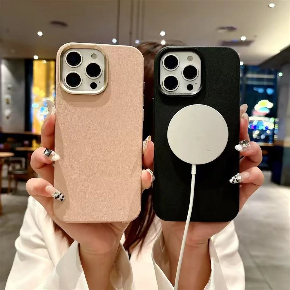 For iPhone 16 Pro Magnetic Case Aluminum Alloy PU Leather TPU Phone Cover Compatible with MagSafe - Gold - 3