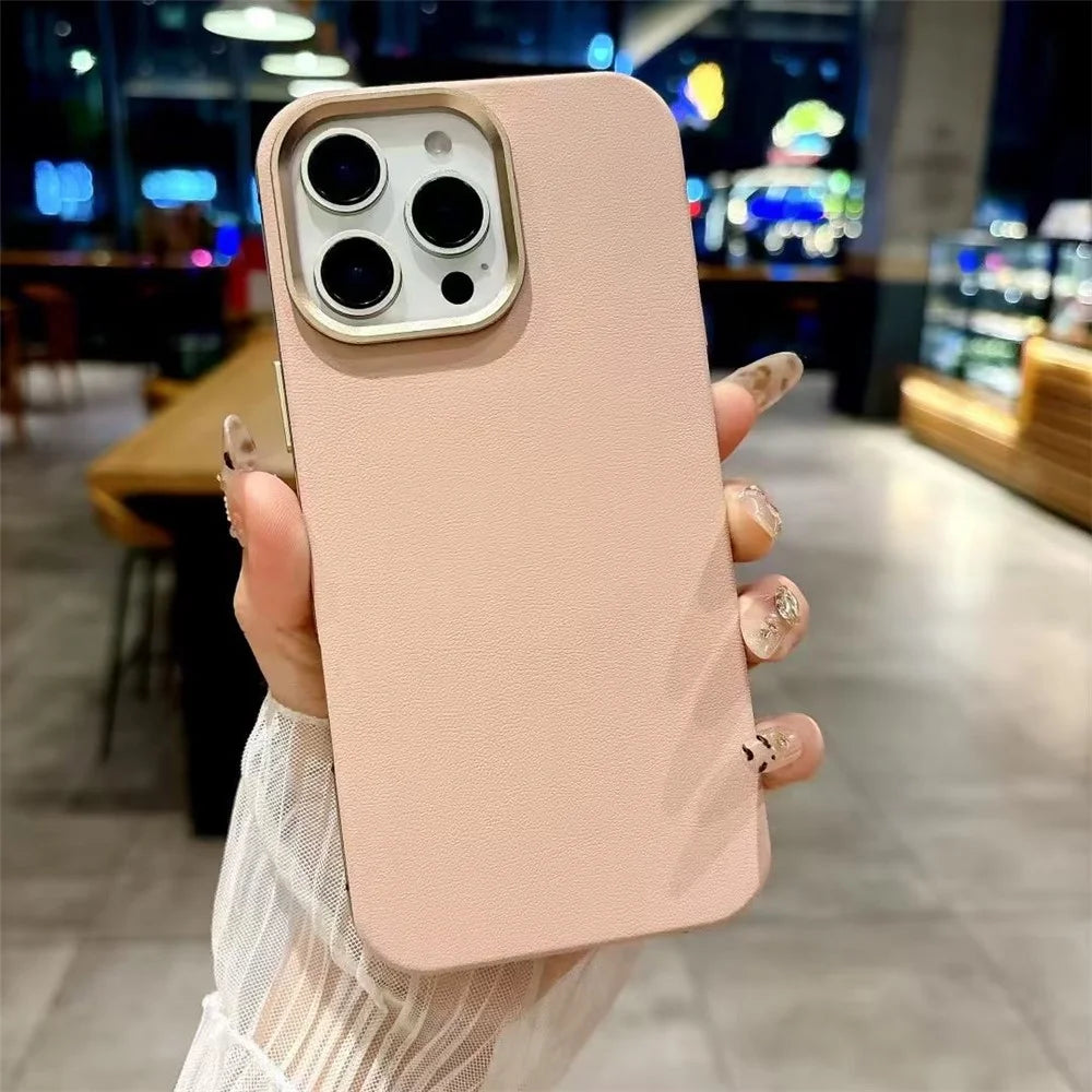 For iPhone 16 Pro Max Magnetic Case Aluminum Alloy PU Leather TPU Phone Cover Compatible with MagSafe - Gold - 2