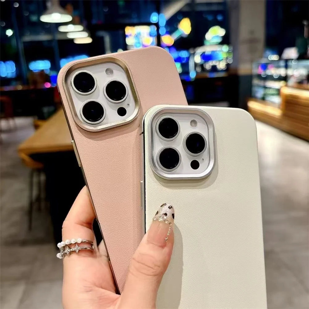 For iPhone 16 Pro Max Magnetic Case Aluminum Alloy PU Leather TPU Phone Cover Compatible with MagSafe - Gold - 4