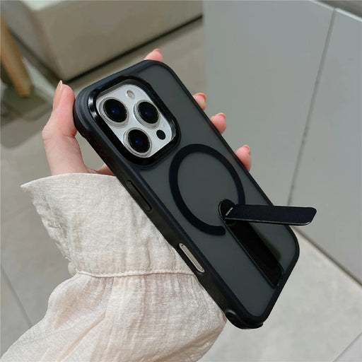 For iPhone 16 Pro Magnetic Phone Case Skin Feel PC TPU Protective Cover Compatible with MagSafe with Kickstand - Black - 1