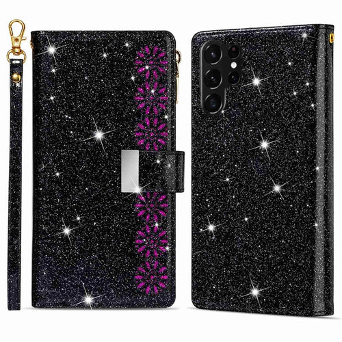 Protective Phone Cover Zipper Wallet For Samsung Galaxy S23 Ultra Laser Carving Glittery Starry Style Leather Phone Case Stand with Strap - Black - 1