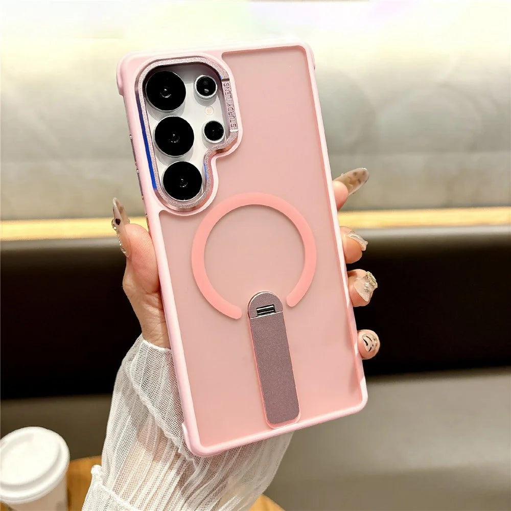For Samsung Galaxy S25 Ultra Magnetic Phone Case Skin Feel PC TPU Protective Cover with Kickstand - Pink - 2