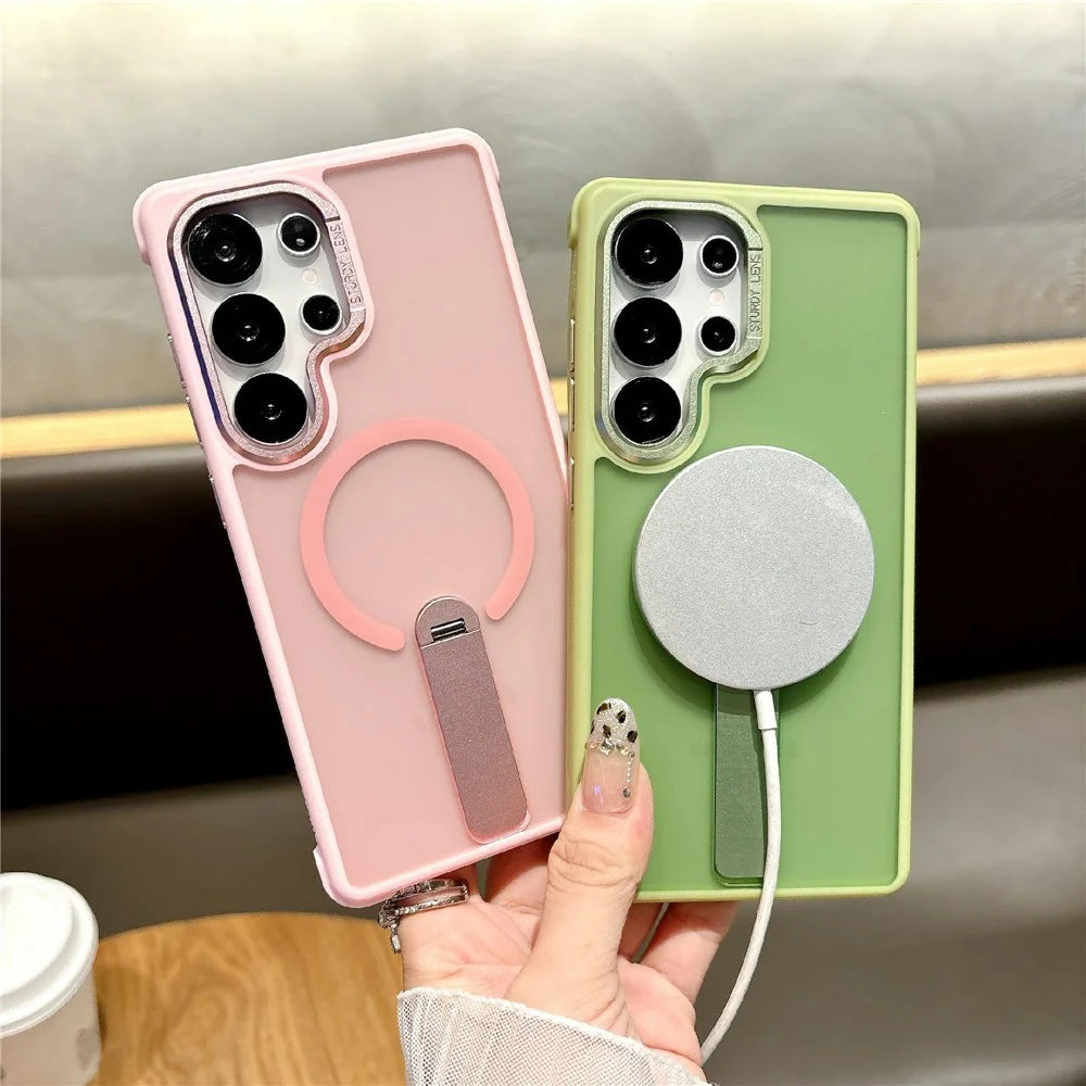 For Samsung Galaxy S25 Ultra Magnetic Phone Case Skin Feel PC TPU Protective Cover with Kickstand - Pink - 3