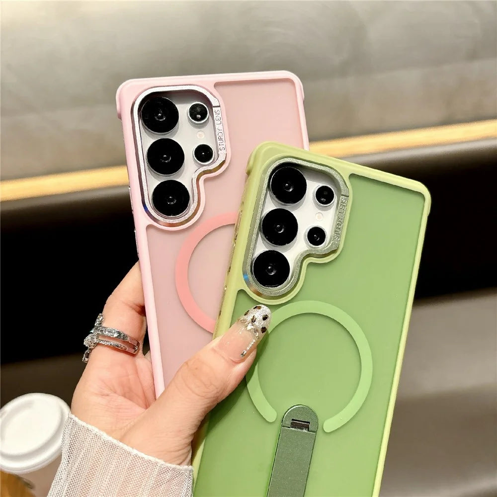 For Samsung Galaxy S25 Ultra Magnetic Phone Case Skin Feel PC TPU Protective Cover with Kickstand - Pink - 5