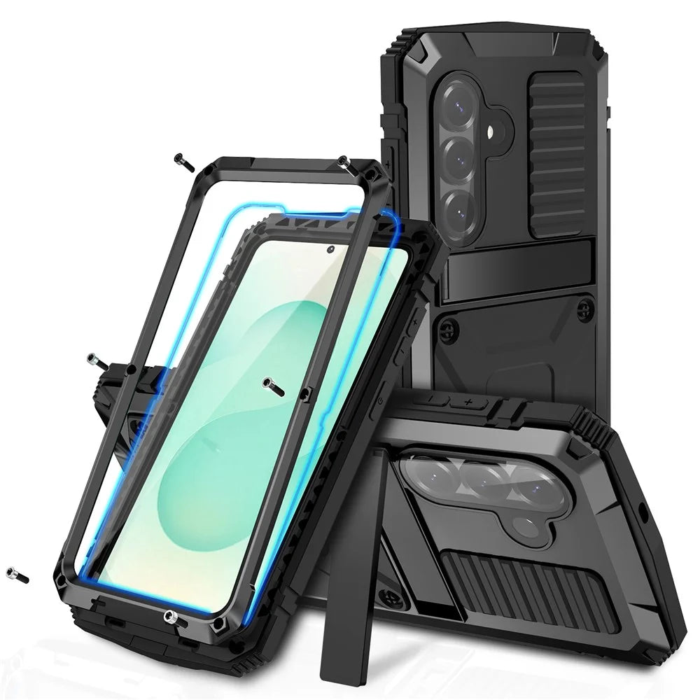 R-JUST For Samsung Galaxy S26+ Case PC + Silicone + Metal Kickstand Phone Cover with Tempered Glass Film - Black - 1