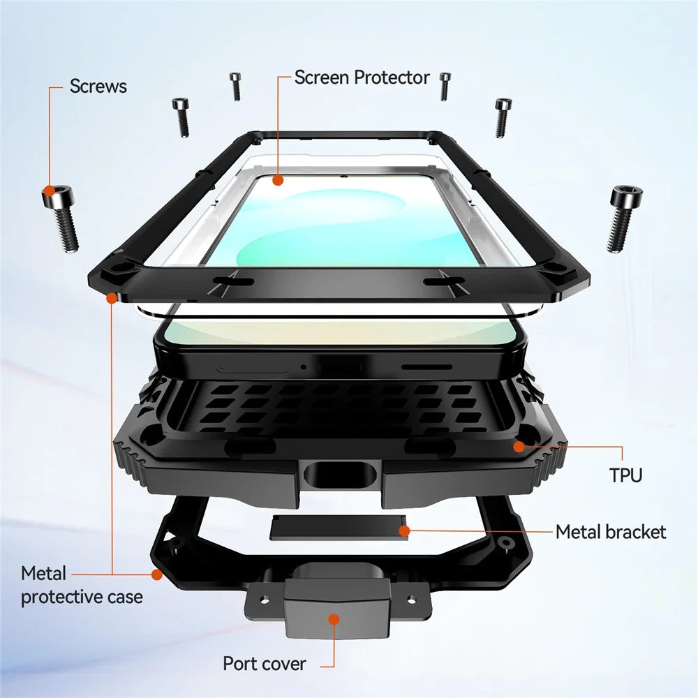 R-JUST For Samsung Galaxy S26+ Case PC + Silicone + Metal Kickstand Phone Cover with Tempered Glass Film - Black - 7