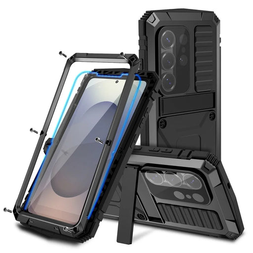 R-JUST For Samsung Galaxy S26 Case PC + Silicone + Metal Kickstand Phone Cover with Tempered Glass Film - Black - 1