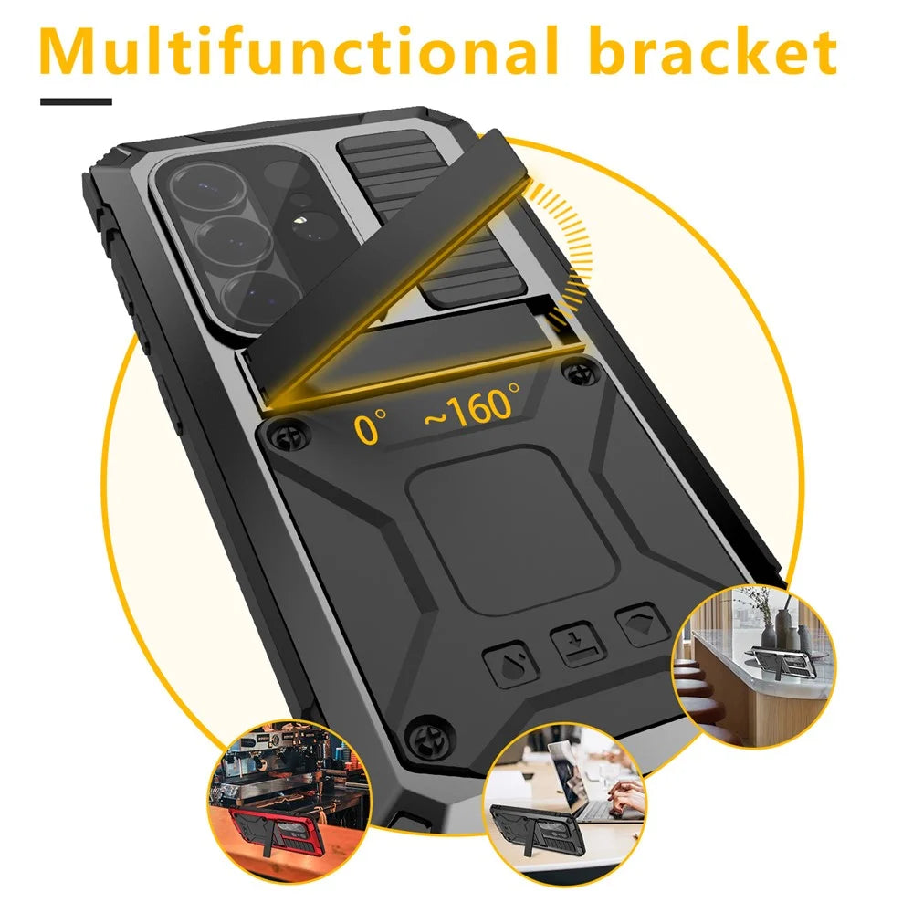 R-JUST For Samsung Galaxy S26 Case PC + Silicone + Metal Kickstand Phone Cover with Tempered Glass Film - Black - 5