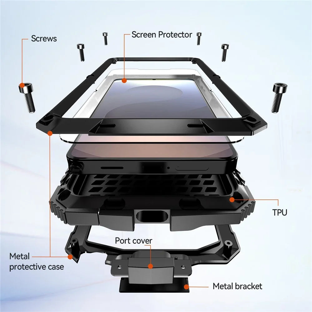 R-JUST For Samsung Galaxy S26 Case PC + Silicone + Metal Kickstand Phone Cover with Tempered Glass Film - Black - 7