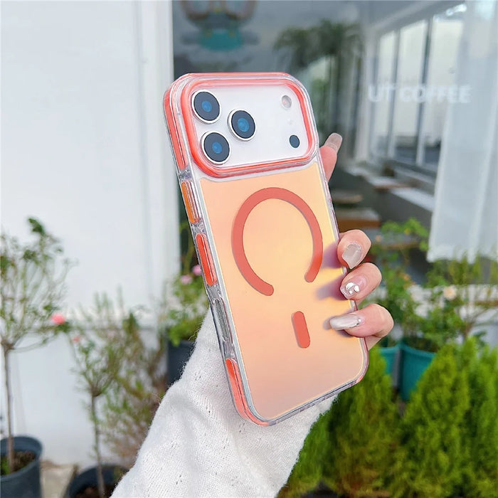 For iPhone 17 Pro Max Magnetic Case Laser Color Changing PC TPU Phone Protection Cover Compatible with MagSafe - Orange - 1