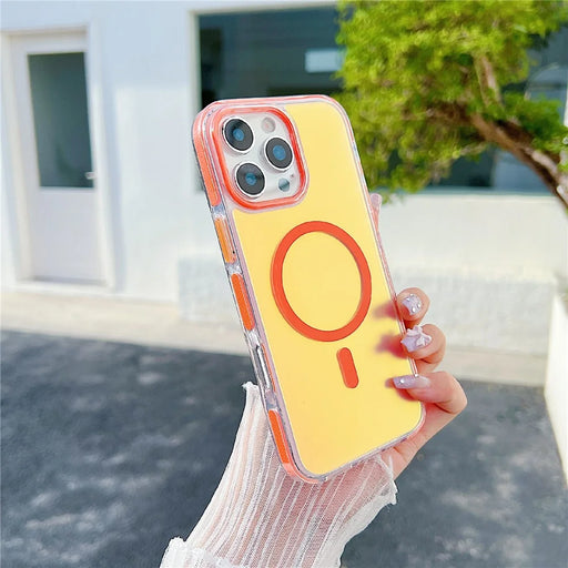 For iPhone 16 Pro Max Magnetic Case Laser Color Changing PC TPU Phone Protection Cover Compatible with MagSafe - Orange - 1