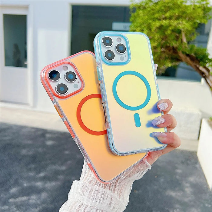 For iPhone 16 Pro Max Magnetic Case Laser Color Changing PC TPU Phone Protection Cover Compatible with MagSafe - Orange - 2