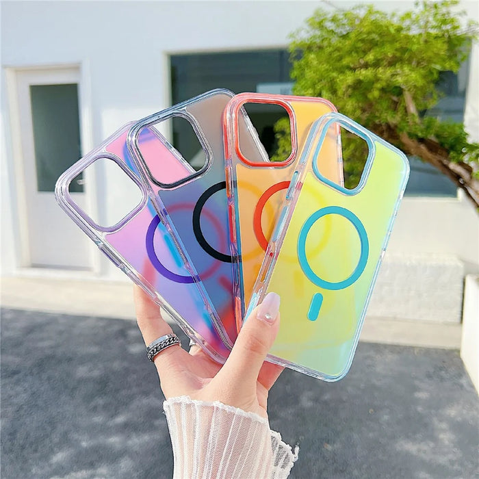 For iPhone 16 Pro Max Magnetic Case Laser Color Changing PC TPU Phone Protection Cover Compatible with MagSafe - Orange - 3