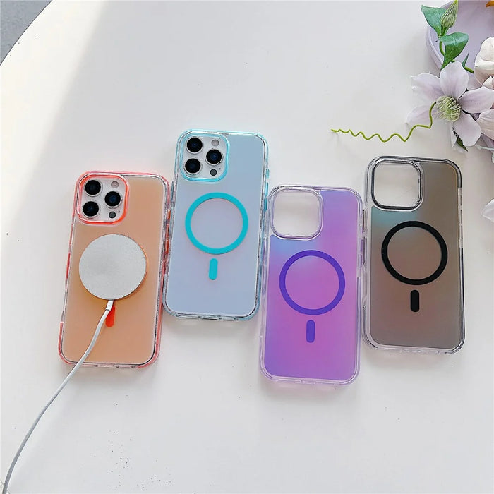 For iPhone 16 Pro Max Magnetic Case Laser Color Changing PC TPU Phone Protection Cover Compatible with MagSafe - Orange - 7
