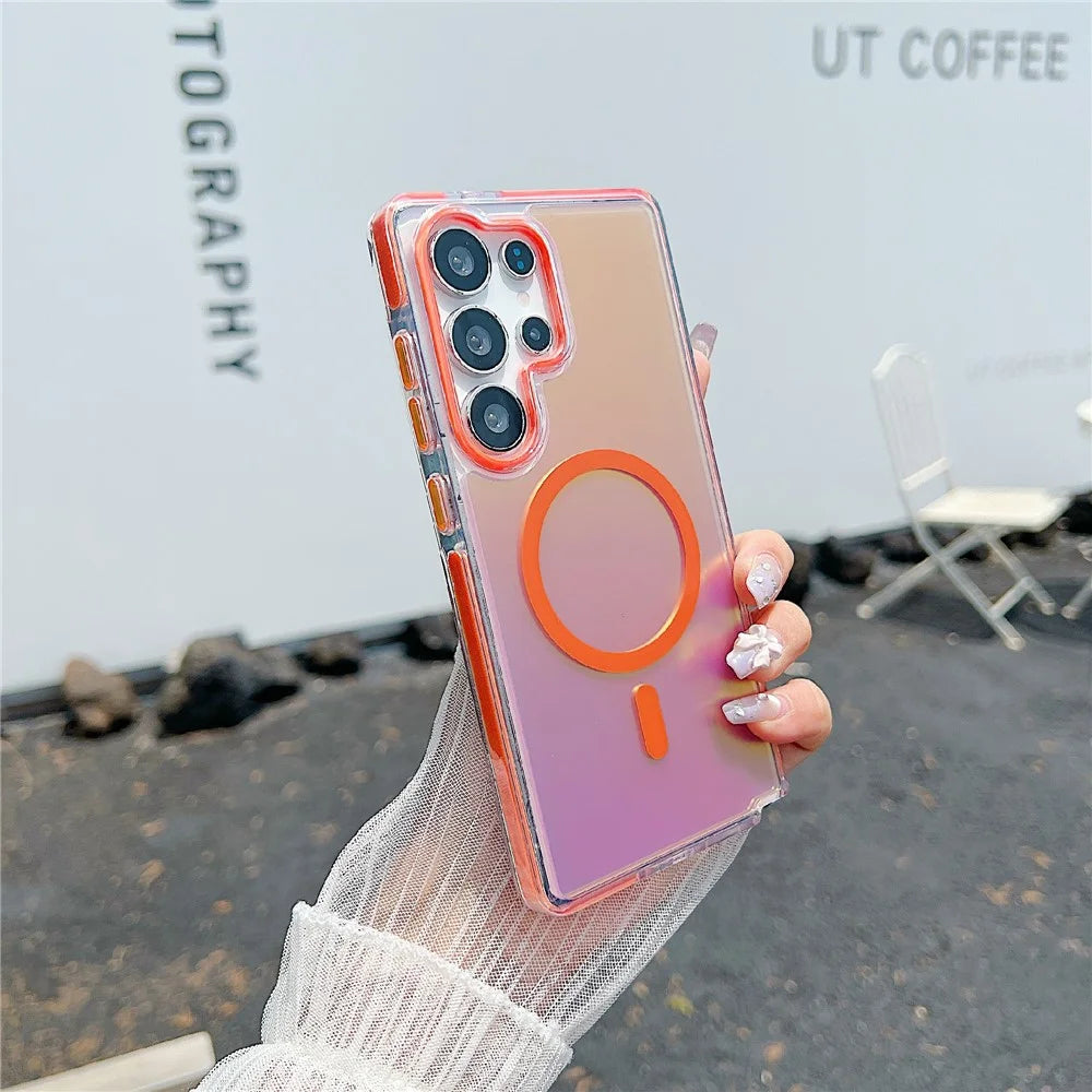 For Samsung Galaxy S26 Ultra Magnetic Case Laser Color Changing PC TPU Phone Protection Cover - Orange - 1