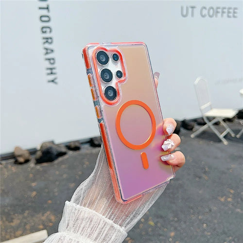 For Samsung Galaxy S26 Ultra Magnetic Case Laser Color Changing PC TPU Phone Protection Cover - Orange - 1