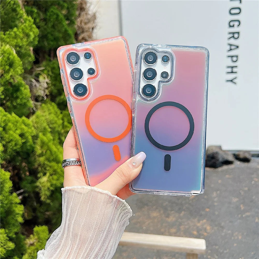 For Samsung Galaxy S25 Ultra Magnetic Case Laser Color Changing PC TPU Phone Protection Cover - Orange - 2