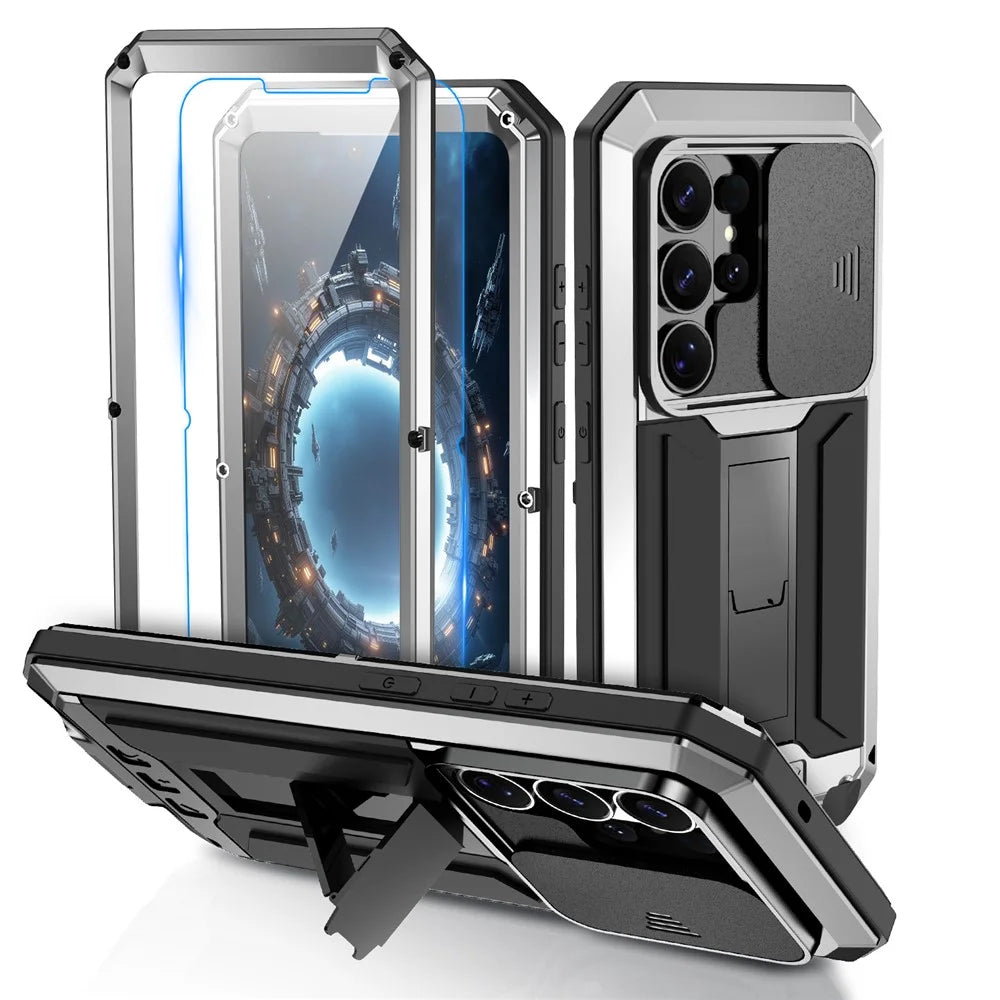 R-JUST For Samsung Galaxy S26 Ultra Case PC + Silicone + Metal Back Cover with Tempered Glass Film - Silver - 1